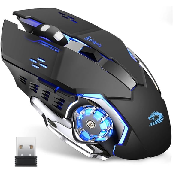 GHDYYPPDEHG-Q85 Rechargeable Wireless Gaming Mouse, 2.4G LED Optical Silent Wireless Computer Mouse with 4 LED Light, 3 Adjustable DPI, Ergonomic Design, Auto Sleeping (Black)