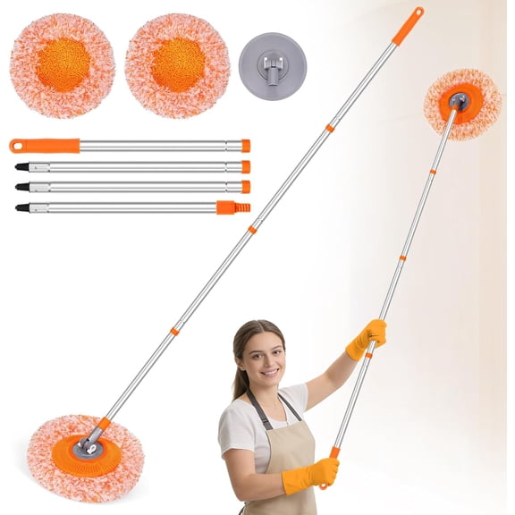 GHDYYPPDEHG-Wall Mop for Painted Walls, Wall Cleaner Mop with 104''/ 62" Long Handle, Dry Mop for Wall Floor Ceiling Cleaning, 2 Reusable Pads (Orange)