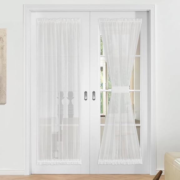 GHGSDH-2 Panels Sheer French Door Curtains 72 Inches Long Dual Rod Pocket Semi Sheer Curtains for Kitchen Living Room Glass Door with Tieback for Privacy Light Filtering, W36 x L72, Ivory White