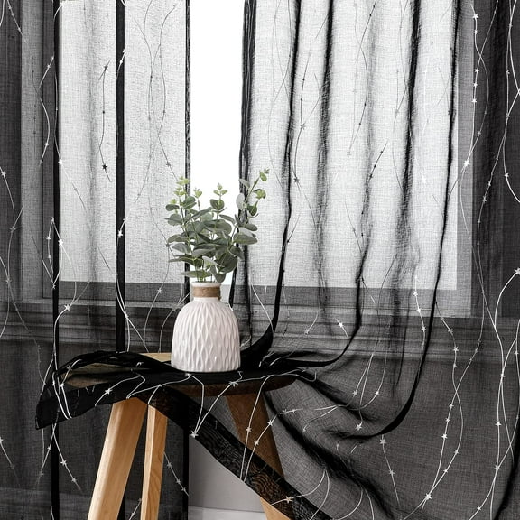 GHGSDH-Black Sheer Curtains for Living Room 63 Inch Long,Rod Pocket Light Filtering Curtain-Lightweight Voile Transparent Semi Sheer Window Drapes for Bedroom/Kitchen,Set of 2 Panels