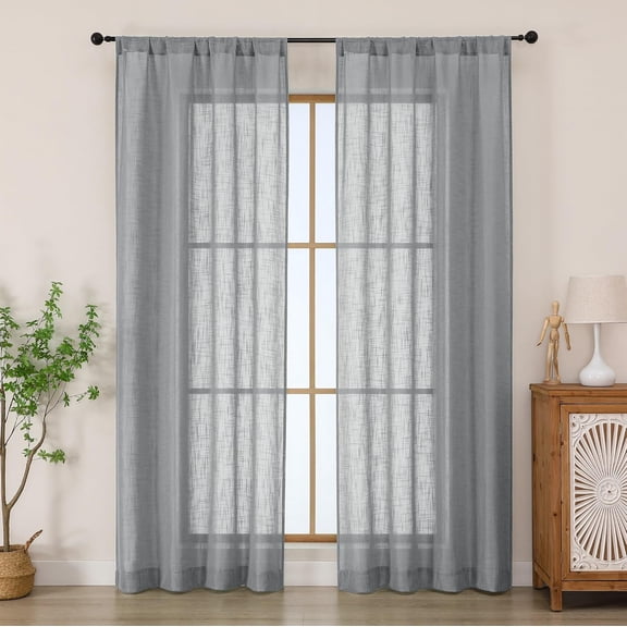 GHGSDH-Charcoal Grey Semi Sheer Curtains 84 Inches Long 2 Panels Set, Light Filtering Faux Linen Slub Textured Burlap Curtain for Bedroom, Elegant Rod Pocket Window Curtains Drapes, Each 42Wx84L