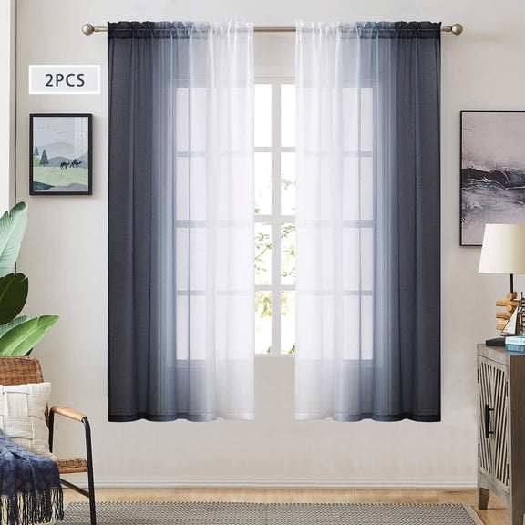 GHGSDH-Dark Grey Ombre Faux Linen Sheer Curtains for Bedroom Living Room Rod Pocket, 2 Tone Reversible Gradient Voile Semi Window Curtains,Privacy and Light Filtering, Set of 2 Panels, 54 x 63 Inch L