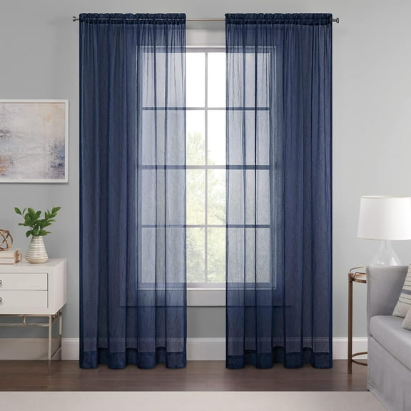 GHGSDH-Emina Crushed Sheer Voile Window Curtain Panel, Rod Pocket Window Curtain, 1 Panel, 52 in Wide x 95 in Long, Navy