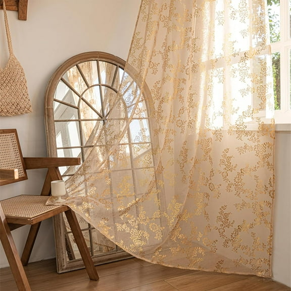GHGSDH-Gold Sheer Curtains 63 Inches Long 2 Panels Set, Light Filtering Golden Window Drapes Treatment for Kitchen, Bedroom, Living Room Nursery Room, Top Rod Pocket, W52 x L63 Beige