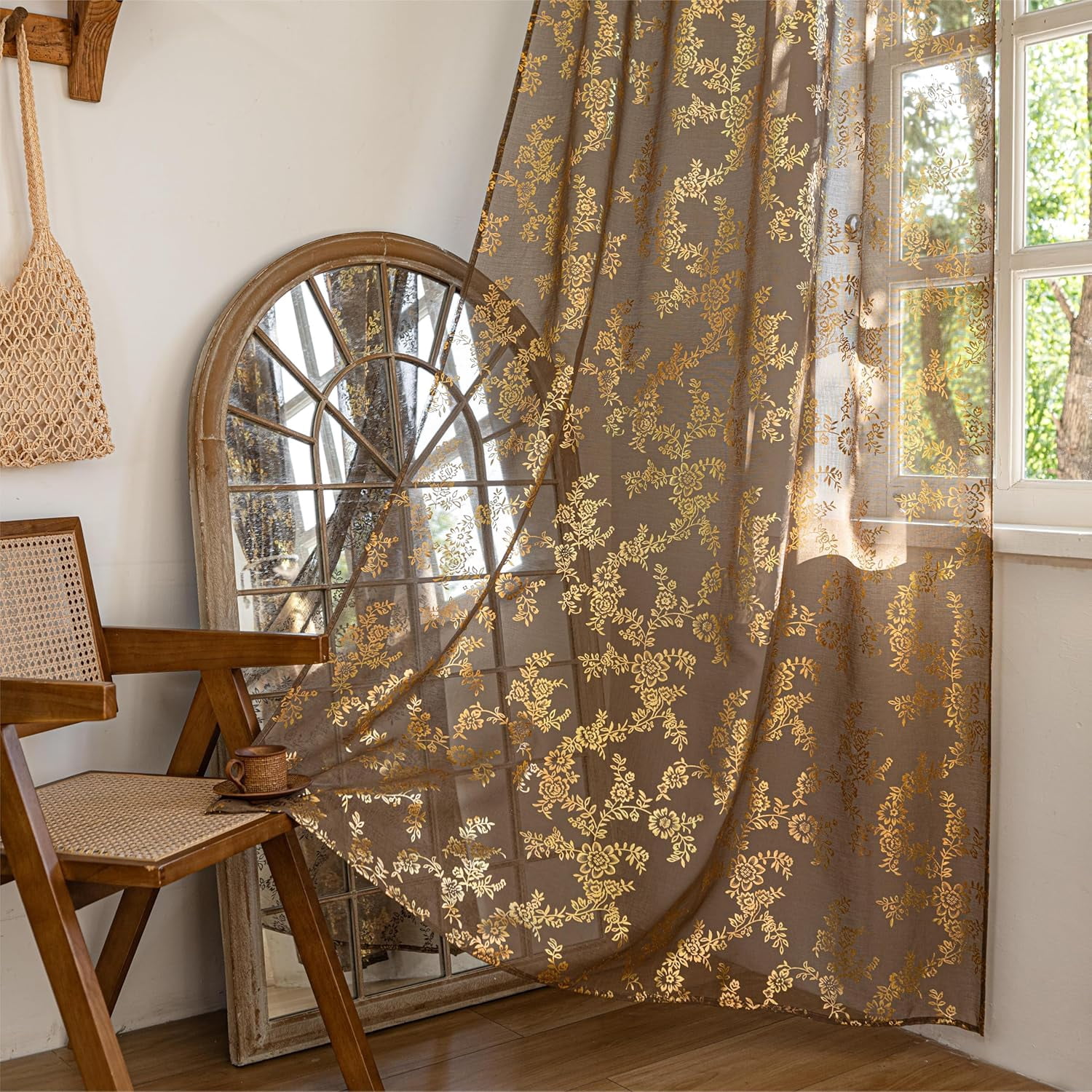 Shears Windows GHGSDH-Gold and Taupe Sheer Rose Curtains 63 Inches Length for Bedroom ...