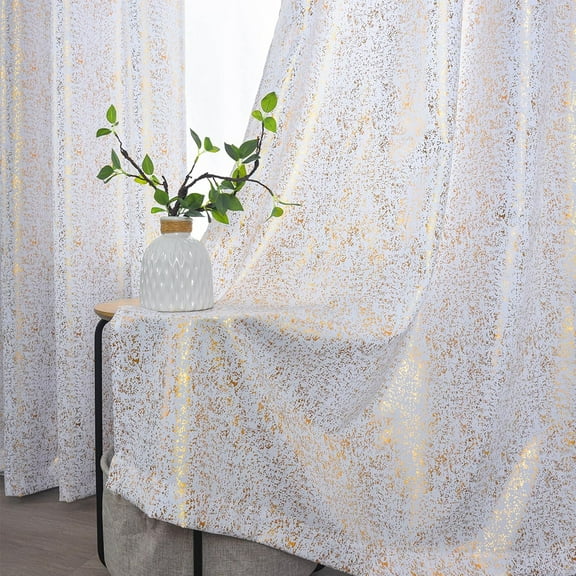 GHGSDH-Gold White Curtains 63 Inch Length, Metallic Foil Sparkle for Bedroom, Grommet Privacy Semi-Sheer Shimmer, 52 x 63 Inch