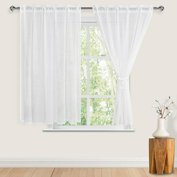 GHGSDH-Linen Sheer Curtains for Window Treatment, Rod Pocket Privacy Light Filtering Textured Semi Sheer Drapes for Living Room/Bedroom42 x 45 inch2 Panels with Tiebacks, Off-White