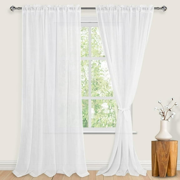 GHGSDH-Linen Sheer Curtains for Window Treatment, Rod Pocket Privacy Light Filtering Textured Semi Sheer Drapes for Living Room/Bedroom52 x 108 inch2 Panels with Tiebacks, Off-White
