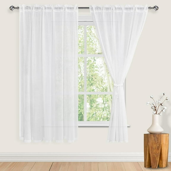 GHGSDH-Linen Sheer Curtains for Window Treatment, Rod Pocket Privacy Light Filtering Textured Semi Sheer Drapes for Living Room/Bedroom52 x 72 inch2 Panels with Tiebacks, Off-White