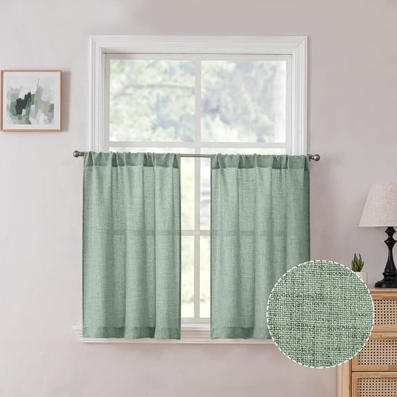 GHGSDH-Linen Tier Curtains Rod Pocket Semi Sheer Short Kitchen Curtain Half Burlap Light Filtering Thick Linen Drape for Bathroom, 30 x 30 inches Long, Sage Green, Set of 2 Panels