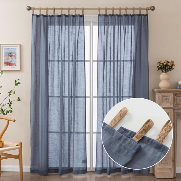 GHGSDH-Navy Blue Sheer Curtains 2 Panels, Soft Linen Textured Window Drapes with Twine Tabs for Bedroom, Living Room and Dining Room, Light Filtering & Privacy, W52 x L63 inches