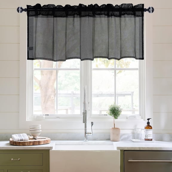 GHGSDH-Sheer Curtain Valance - Linen Look Window Curtains for Bathroom Kitchen Cafe - Rod Pocket Semi Sheer Drapes, Black, 1 Panel, 42 x 18 Inch