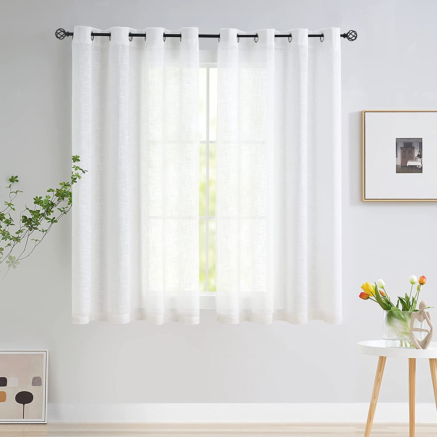 GHGSDH-White Semi Sheer Curtains for Bedroom Living Room Linen Textured ...