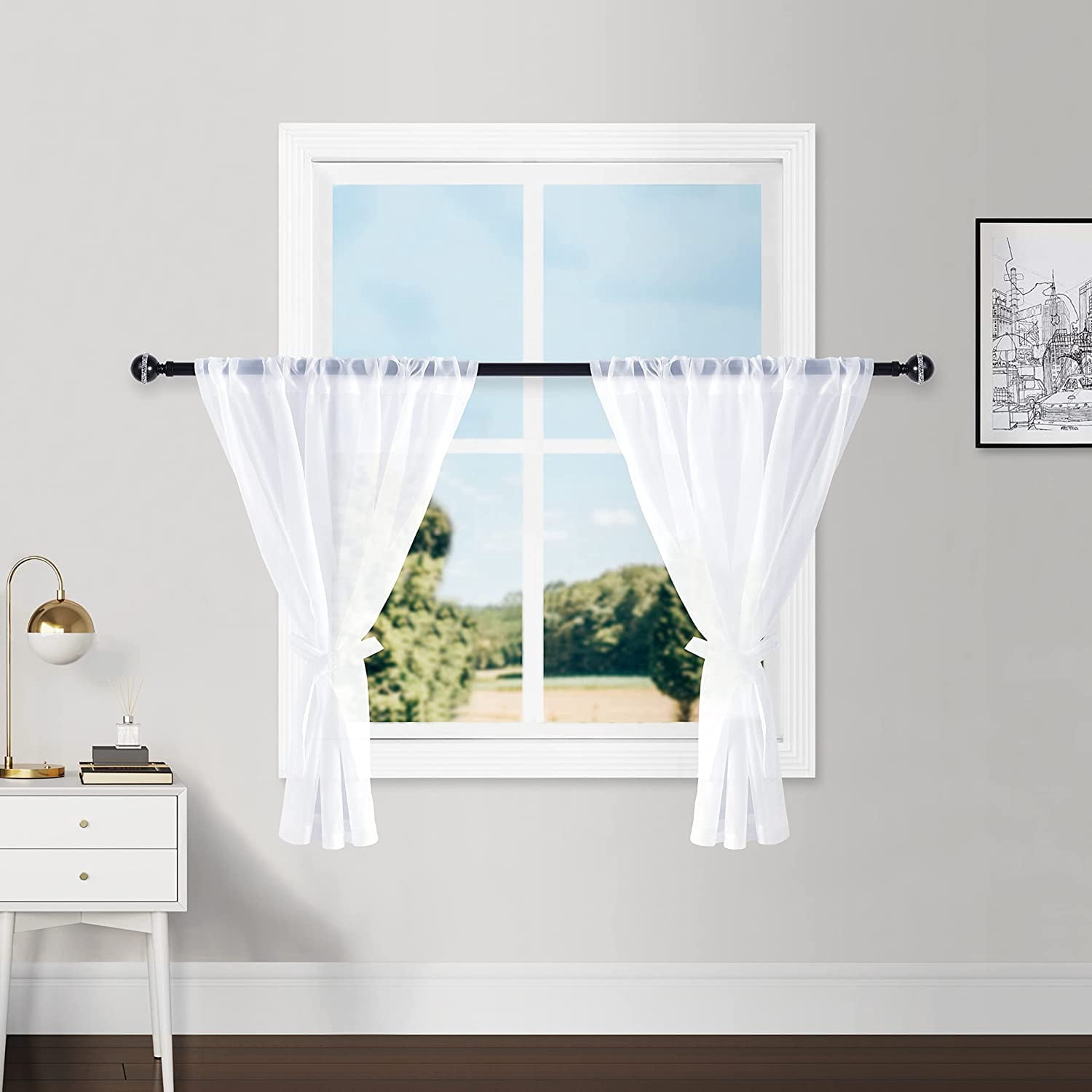 GHGSDH-White Sheer Curtains for Kitchen 36 inch Length, Rod Pocket