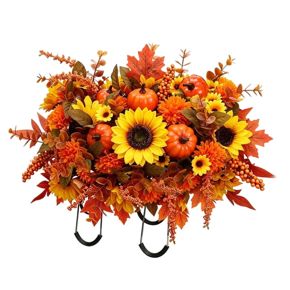 GHIIYER Fall Sunflower Cemetery Flower Saddle, Pumpkin and Maple Leaf Memorial Arrangement for Headstone Decor