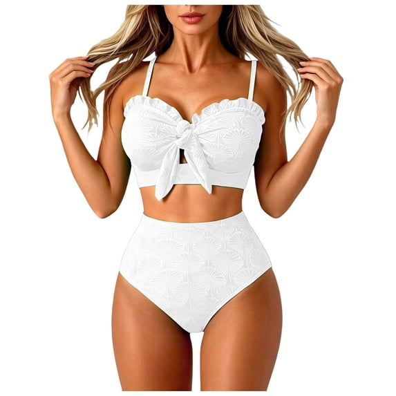 GHIIYER High Waist Bikini Sets for Women Bow Front Ruffle Seashell Swimsuit Summer Beach Bathing Suits Size M