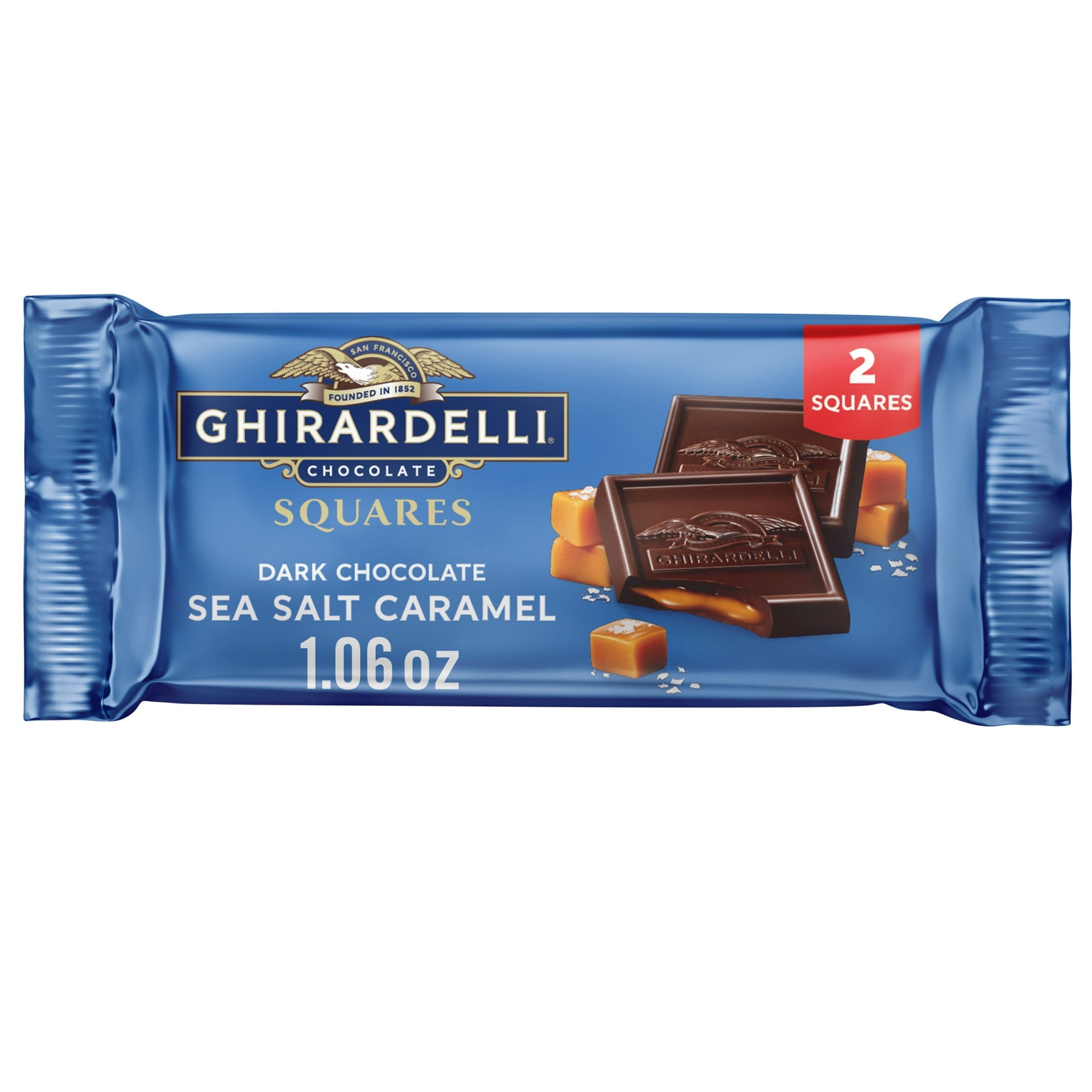 GHIRARDELLI Dark Chocolate Candy 2 SQUARES with Sea Salt Caramel Filling, 1.06 oz Bar pack of 6