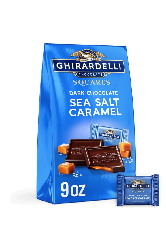 Dark Chocolate Candy SQUARES with Sea Salt Caramel Filling, 9 oz Bag