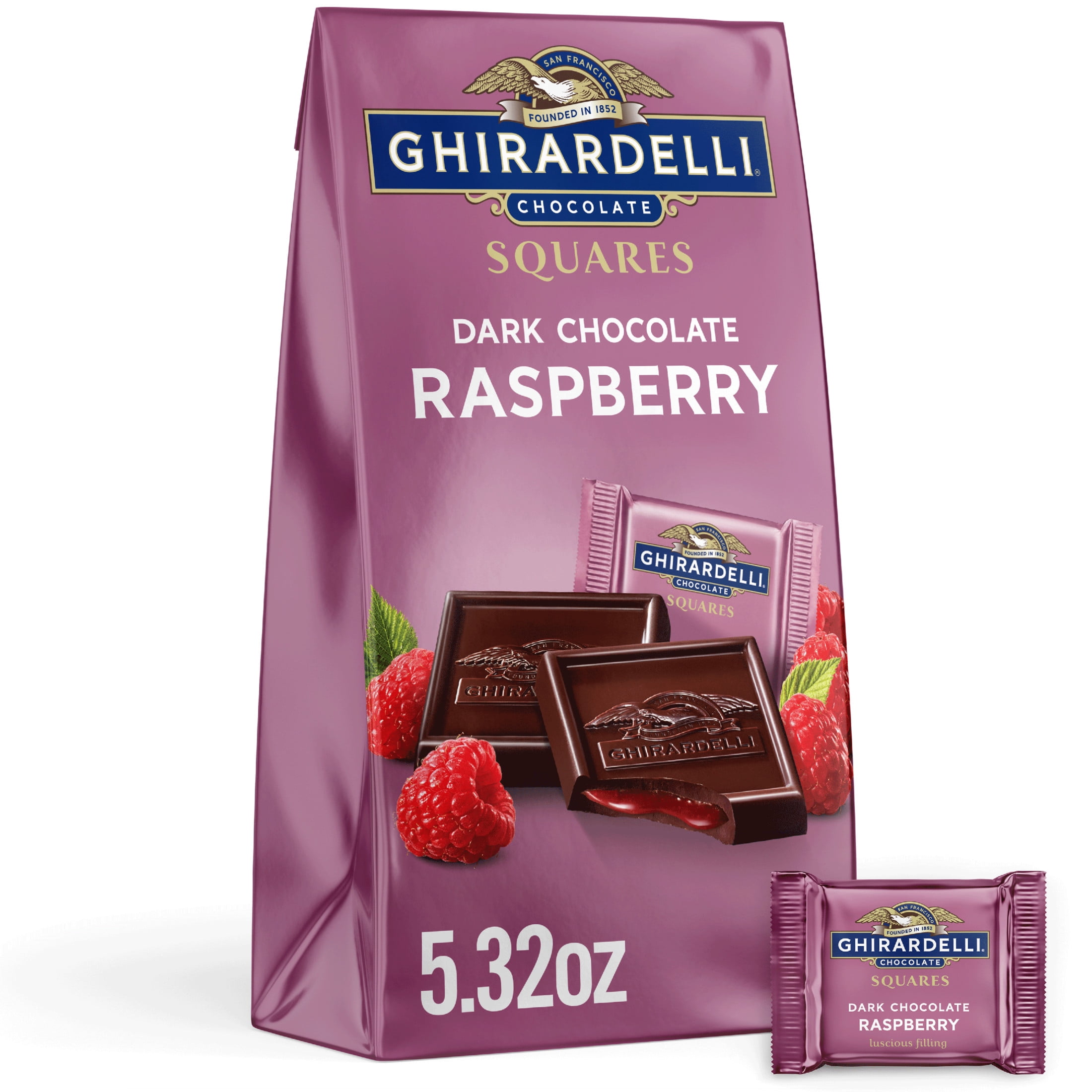 GHIRARDELLI Dark Chocolate Candy SQUARES with Raspberry Filling, 5.32 oz Bag