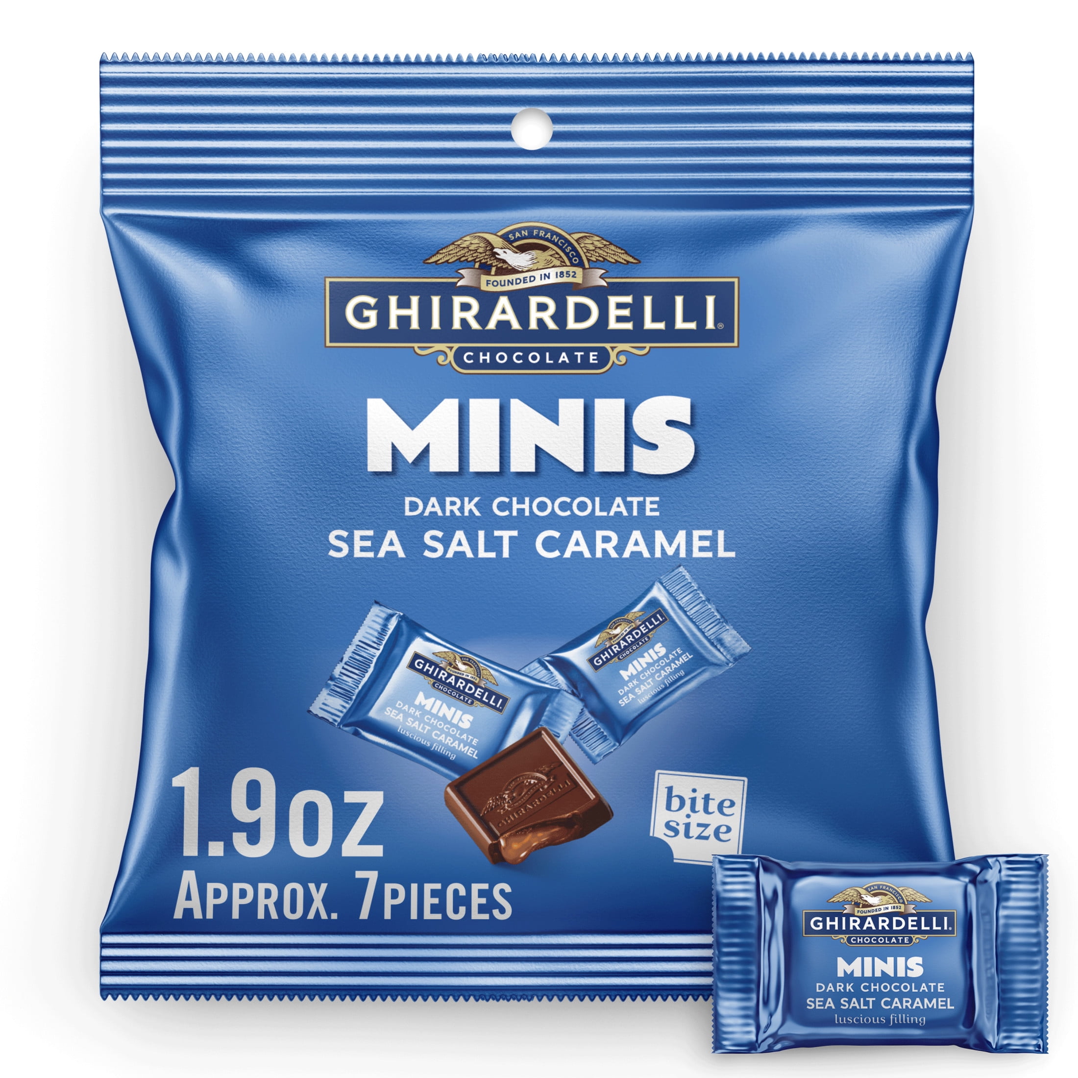 GHIRARDELLI Dark Chocolate Candy Minis with Sea Salt Caramel Filling, 1.9 oz Pouch