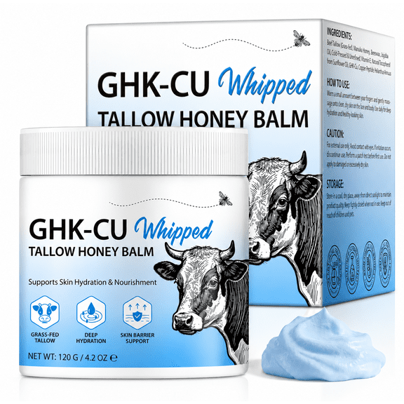 GHK-CU Whipped Tallow Honey Balm 4.2 Oz (120g) Grass-Fed Tallow & Honey Moisturizing Skin Balm with Vitamin E Whipped Body & Face Balm for Dry Skin