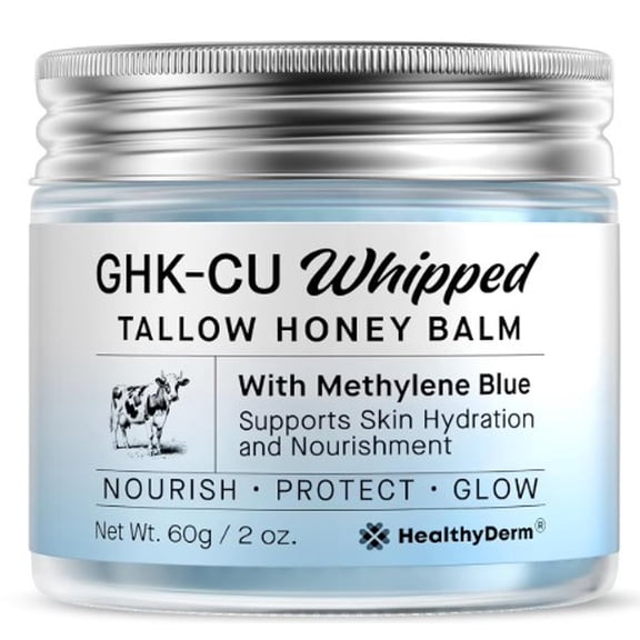 GHK-Cu Beef Tallow for Skin: Blue Balm with Methylene Blue, Manuka Honey & Vitamin E Natural Face and Body Moisturizer for Mature, Dry & Sensitive Skin 2OZ
