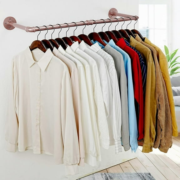qewtrs Pipe Clothing Rack 65" Wall Mounted Clothes Rack for Hanging Clothes Heavy Duty Metal Garment Rack Bar Wall Mount Clothing Rod for Closet Laundry Room Gold gtr