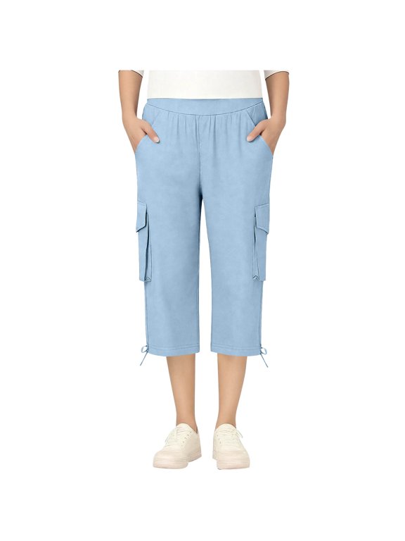 Girls' Cargo Capri Pants with Drawstring Cuffs Elastic High Waist Casual Trousers for Summer