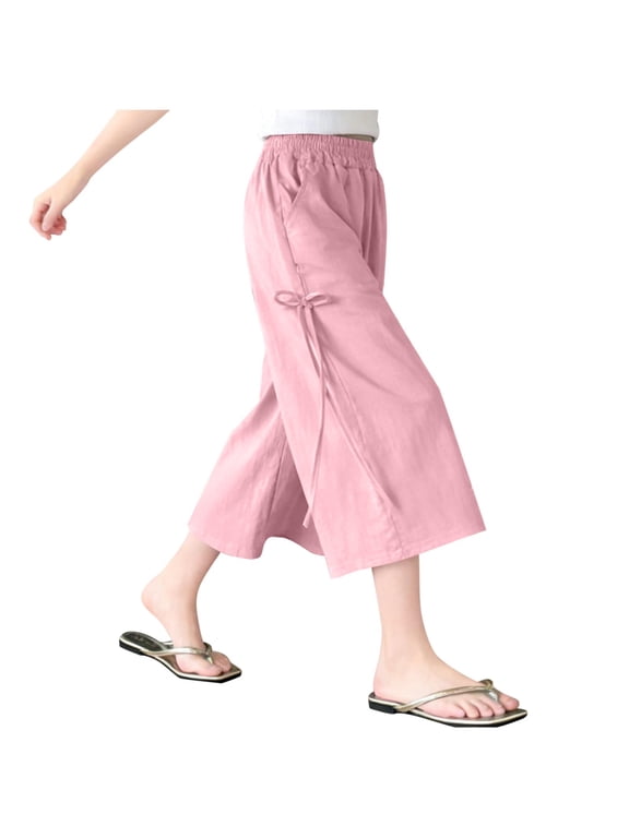 Women's Wide Leg Pants with Bow Detail Elastic High Waist Casual Culottes for Summer
