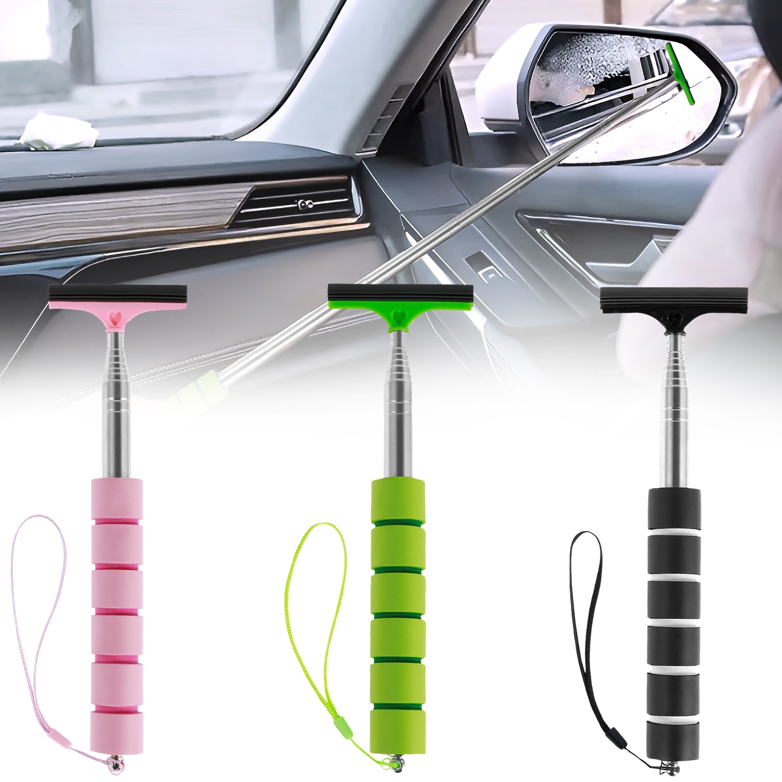 GHOJET 3Pcs Squeegee for Car Side Mirror,38.5 Inch Car Mirror Squeegee With Telescopic Pole