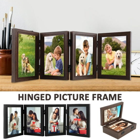 GHOJET 4-Opening 6.7x4.7”Picture Frame,Hinged Double Folding Picture Frame 180° Foldable Hinged Picture Frame Stand Vertically on Desktop Photo Frame with Glass Front Black Foldable Frame