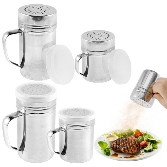 GHOJET 4Pcs Salt & Pepper Shaker,14oz Stainless Steel Spice Dispenser Seasoning Spice Shaker with Handle and Plastic Lid Spice Box with Discharge Holes for Powder Sugar Cooking Kitchen
