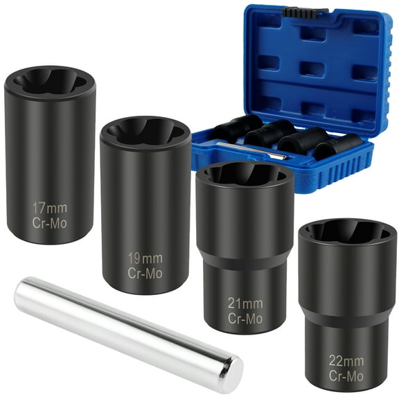 GHOJET 5Pcs Damaged Screw Extractor Set Sturdy Broken Bolt and Nut Remover Kit with Bar 17/19/21/22mm Screw Extractor Socket Wheel Nut Removal Tool for Rusted Screws Damaged Screw