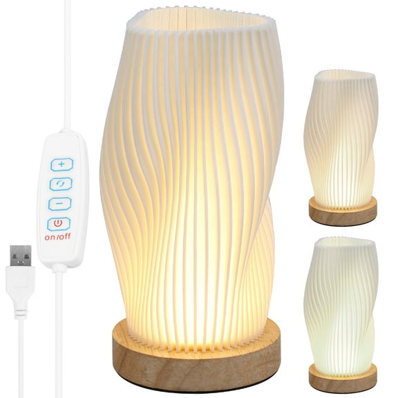 GHOJET Bedside Lamp with Wood Base Novelty Small Bedside Table Lamp for Bedroom Vintage Style Striped Small Night Light Lamp Dimmable Nightstand Lamp for Living Room Kids Room Office Dorm Desk