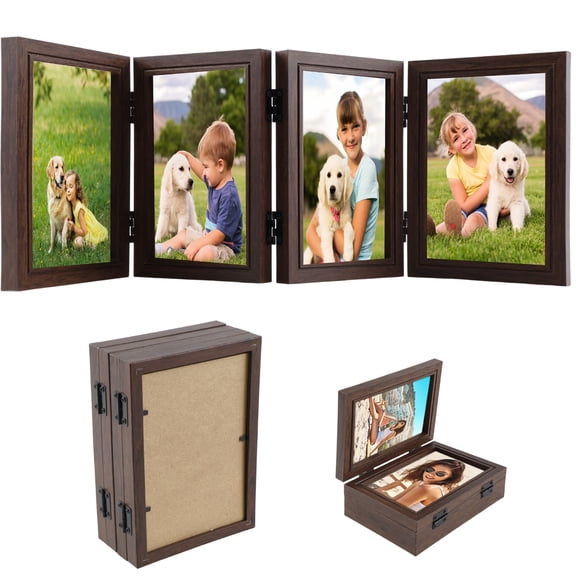 GHOJET Hinged Picture Frames 4x6 inch Foldable Photo Frame with High Definition Glass 4 Opening Photo Frame Black/Coffee Color Picture Frames for Desktop Birthday Gifts