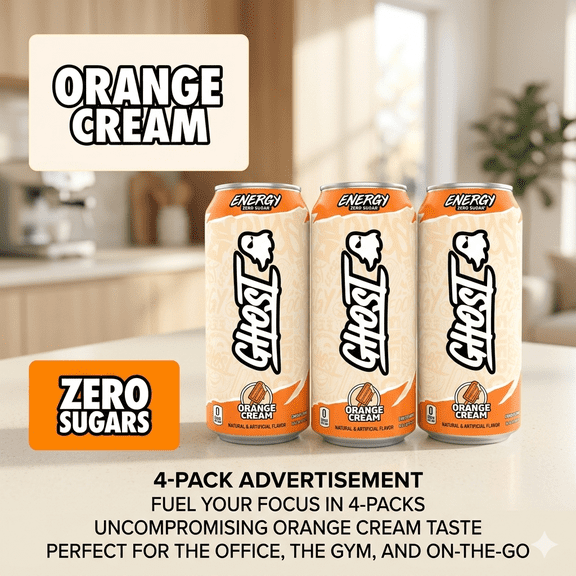 GHOST ENERGY Zero Sugar Energy Drink, Orange Cream, 16 fl oz, 4 Pack