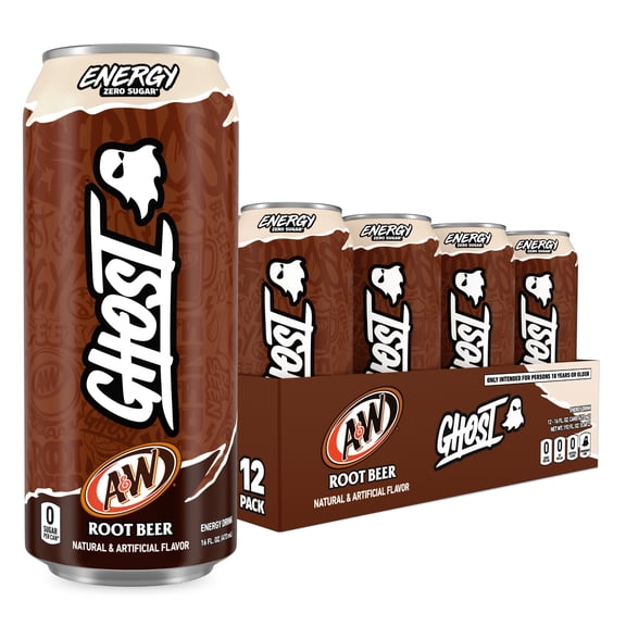 GHOST ENERGY Zero Sugars Energy Drink, A&W Root Beer, 200mg Natural Caffeine, 16 fl oz Can, 12-Pack