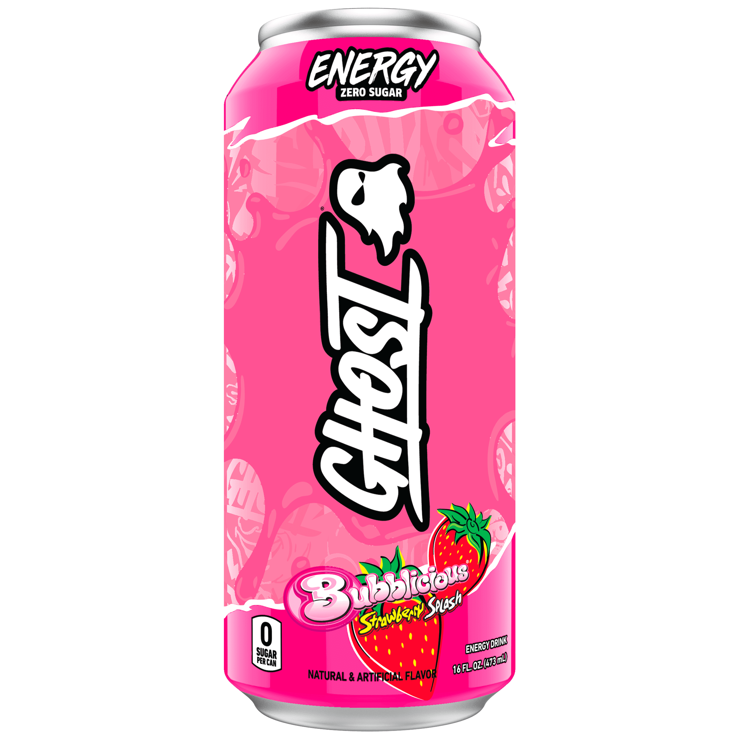 GHOST ENERGY Zero Sugars Energy Drink, BUBBLICIOUS Strawberry Splash, 200mg Natural Caffeine, 16 fl oz Can