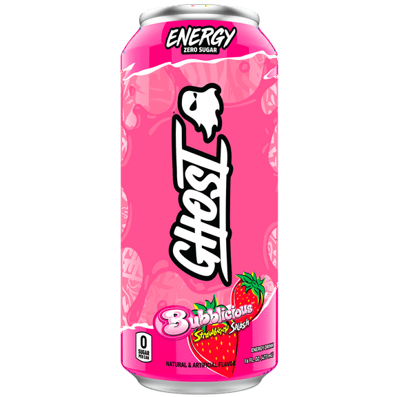 GHOST® ENERGY Zero Sugars Energy Drink, BUBBLICIOUS® Strawberry Splash, 200mg Natural Caffeine, 16 fl oz Can