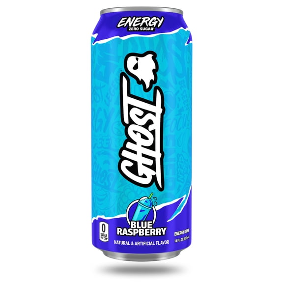 GHOST ENERGY Zero Sugars Energy Drink, Blue Raspberry, 200mg Natural Caffeine, 16 fl oz Can