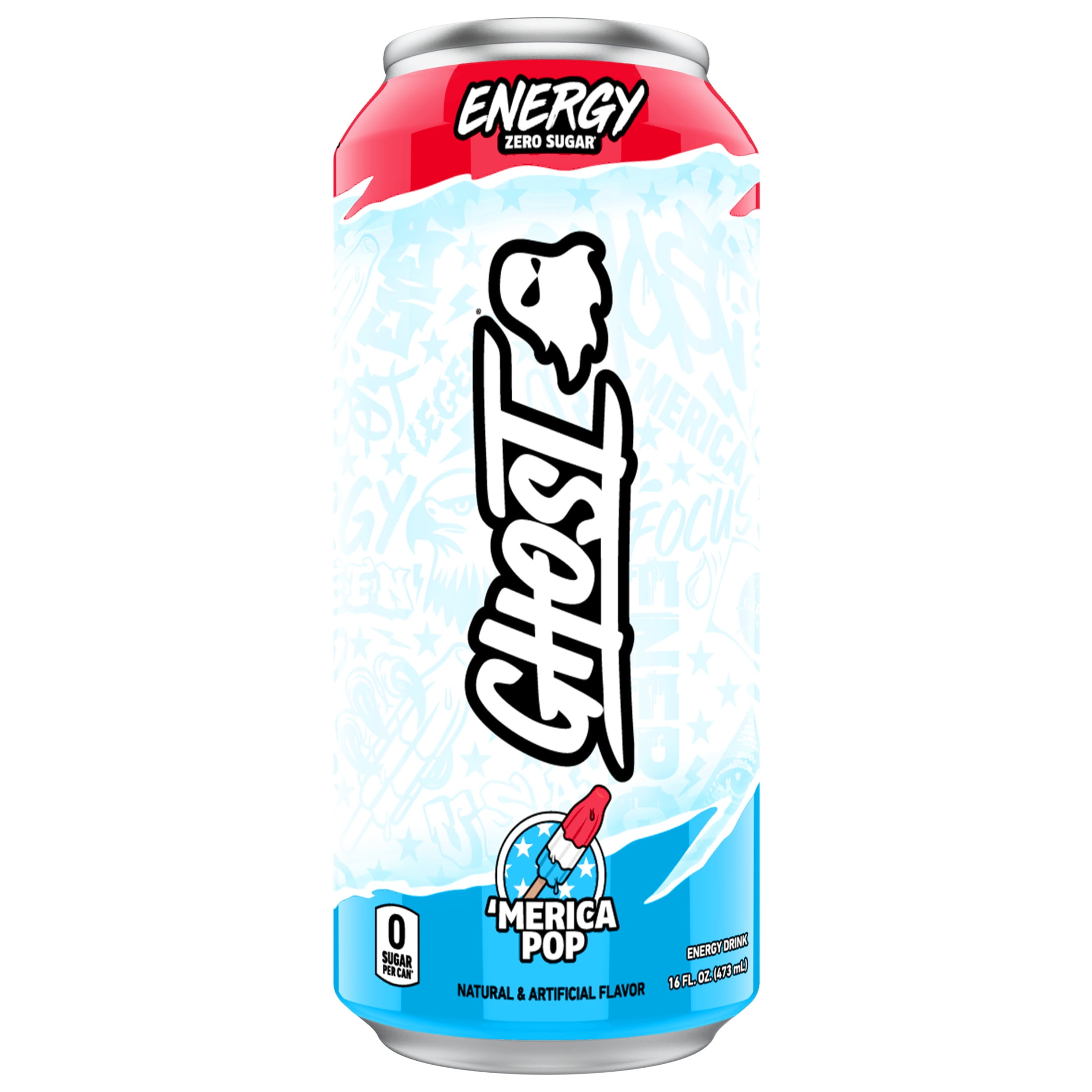 GHOST ENERGY Zero Sugars Energy Drink, Merica Pop, 200mg Natural Caffeine, 16 fl oz Can