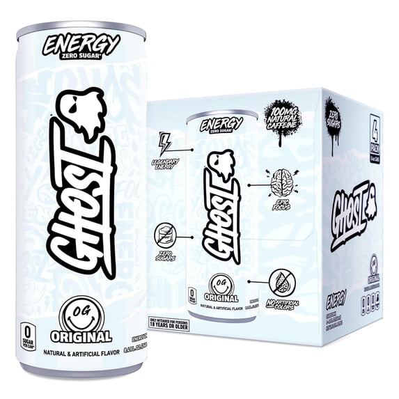GHOST® ENERGY Zero Sugars Energy Drink, Original Flavor, 100mg Natural Caffeine, 8.4 fl oz, 4 Pack Cans
