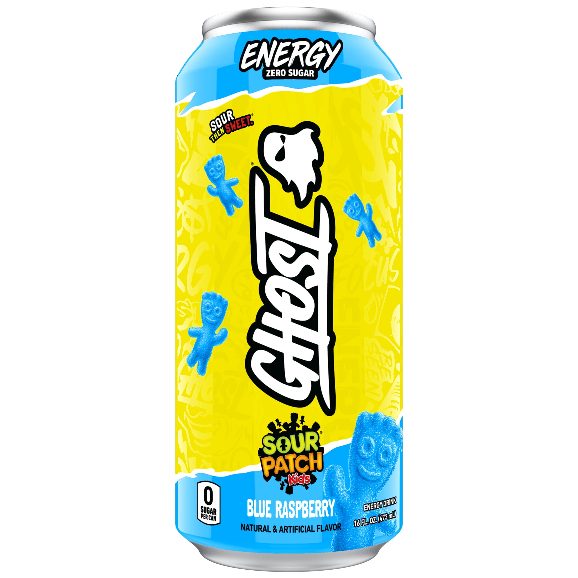 Ghost Zero Sugar Sour Patch Kids Blue Raspberry Energy Drink, 200mg Natural Caffeine, 16 fl oz, Can