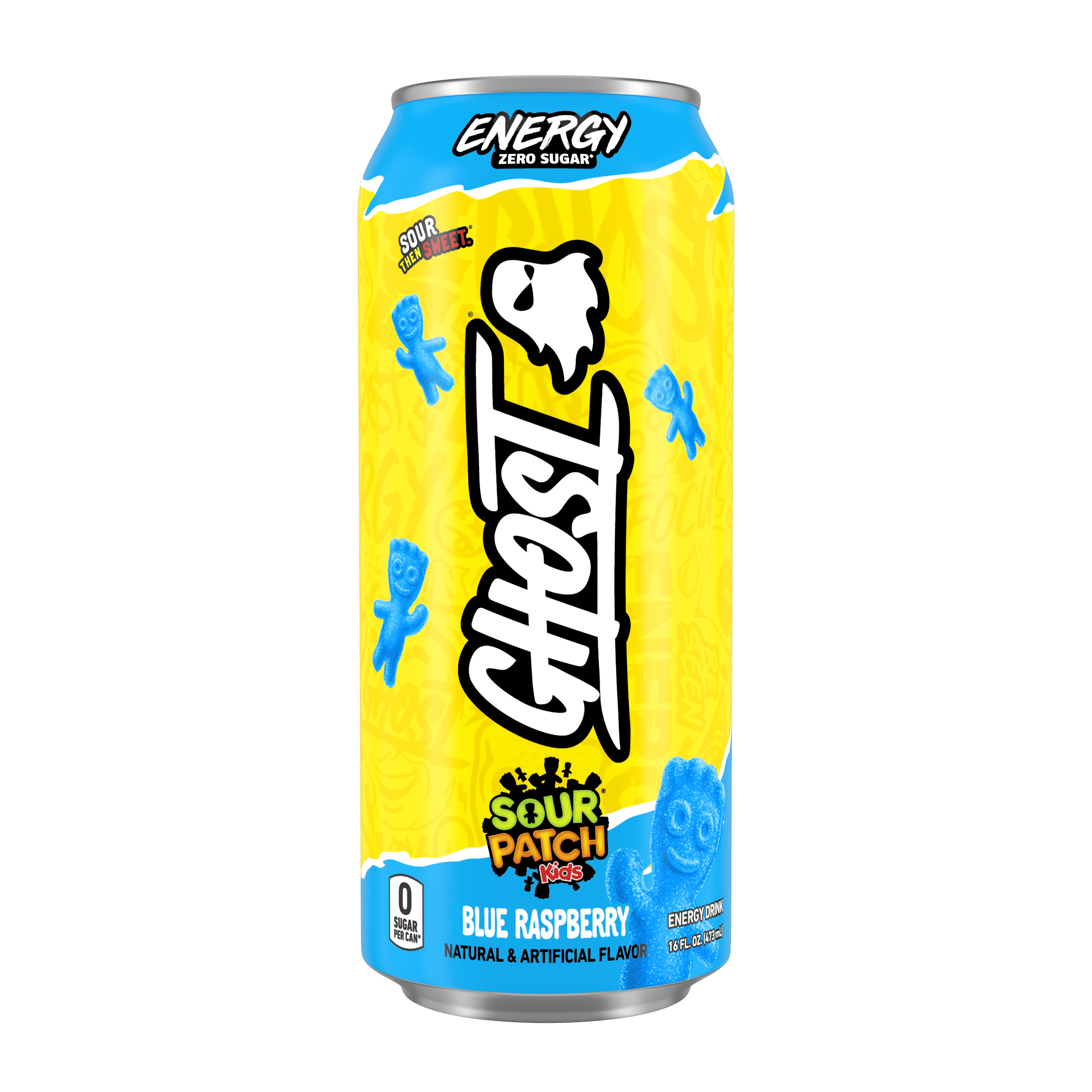 Ghost Zero Sugar Sour Patch Kids Blue Raspberry Energy Drink, 200mg Natural Caffeine, 16 fl oz, Can