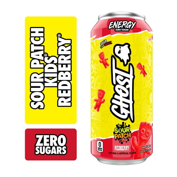 Ghost Zero Sugar Sour Patch Kids Redberry Energy Drink, 200mg Natural Caffeine, 16 fl oz, Can