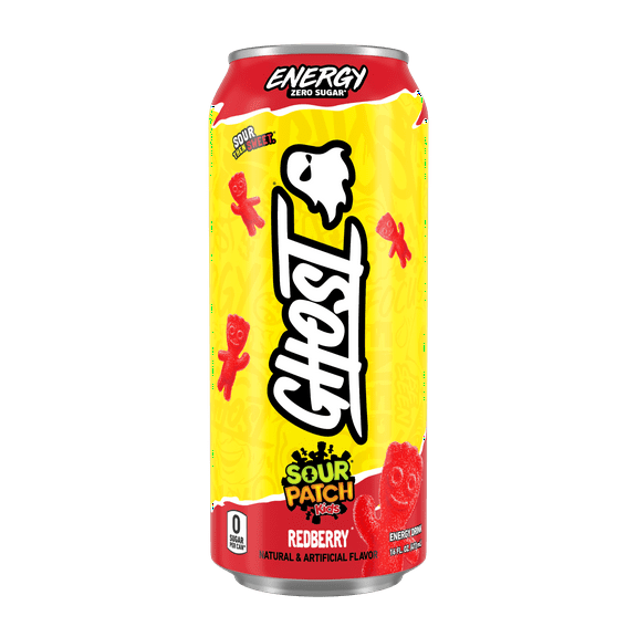 Ghost Zero Sugar Sour Patch Kids Redberry Energy Drink, 200mg Natural Caffeine, 16 fl oz, Can
