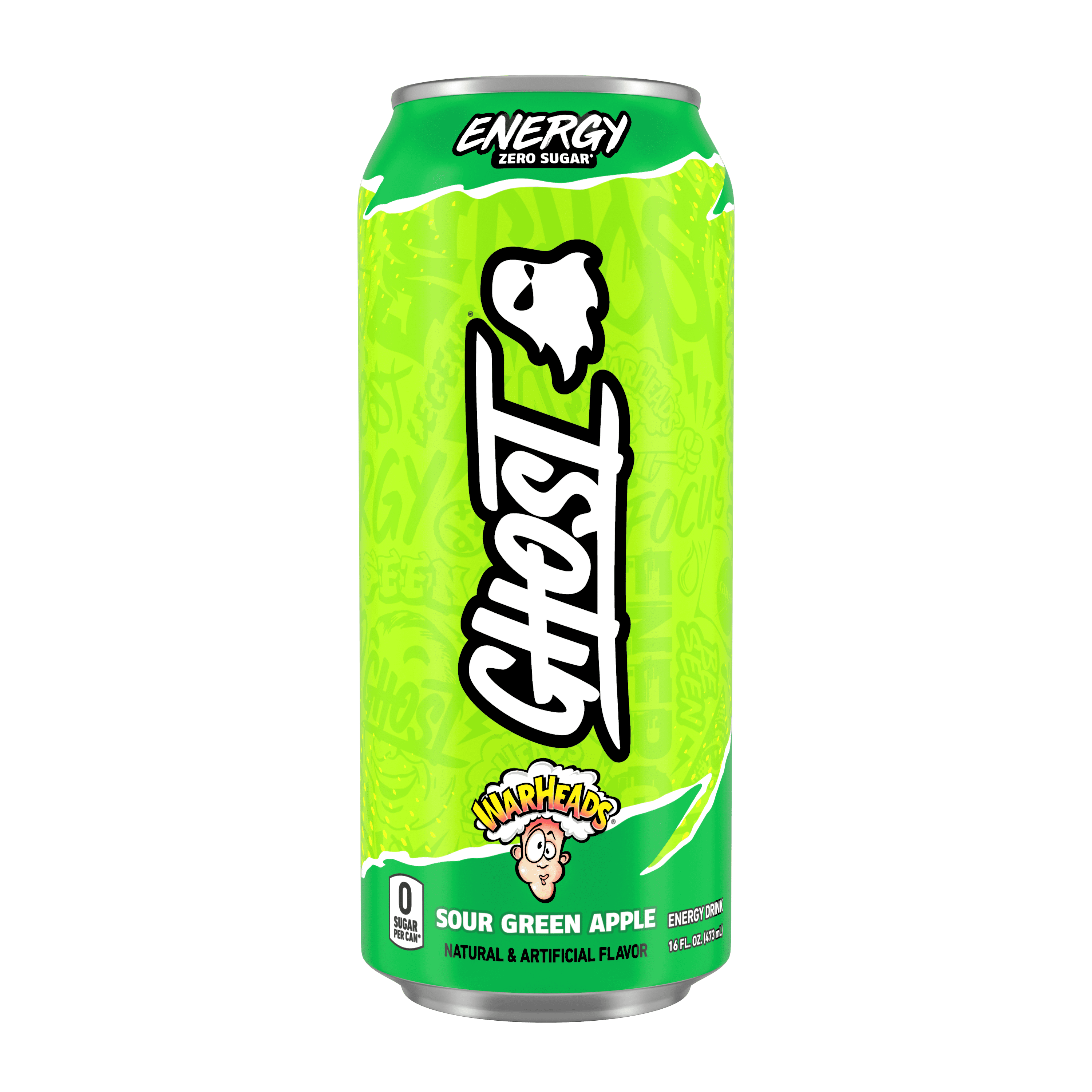 GHOST ENERGY Zero Sugars Energy Drink, WARHEADS Sour Green Apple, 200mg Natural Caffeine, 16 fl oz Can