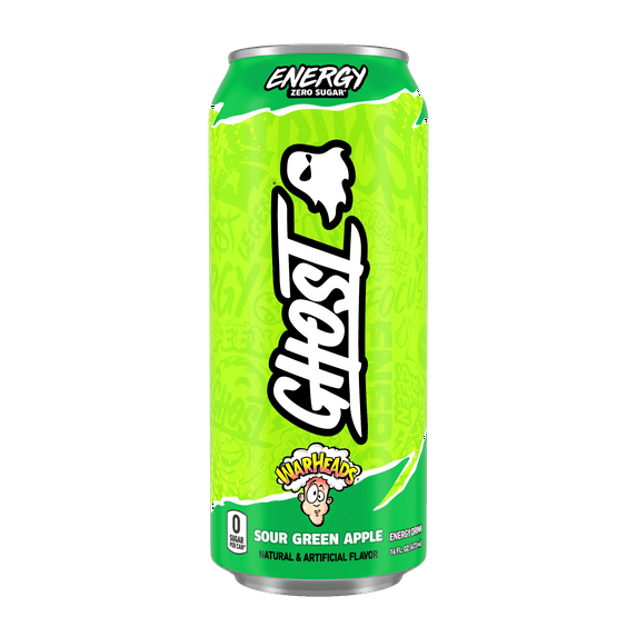 GHOST® ENERGY Zero Sugars Energy Drink, WARHEADS Sour Green Apple, 200mg Natural Caffeine, 16 fl oz Can