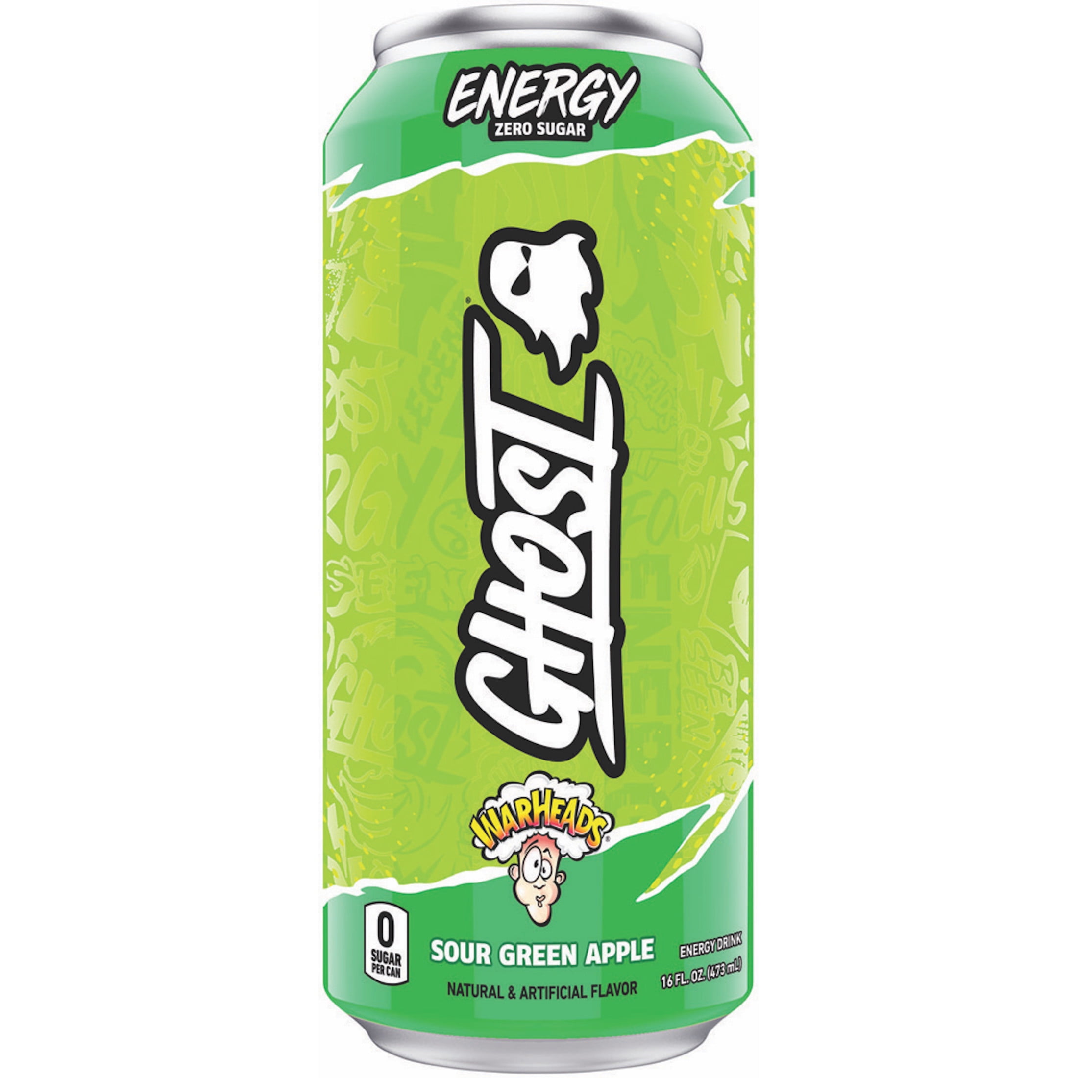 GHOST ENERGY Zero Sugars Energy Drink, WARHEADS Sour Green Apple, 200mg Natural Caffeine, 16 fl oz Can