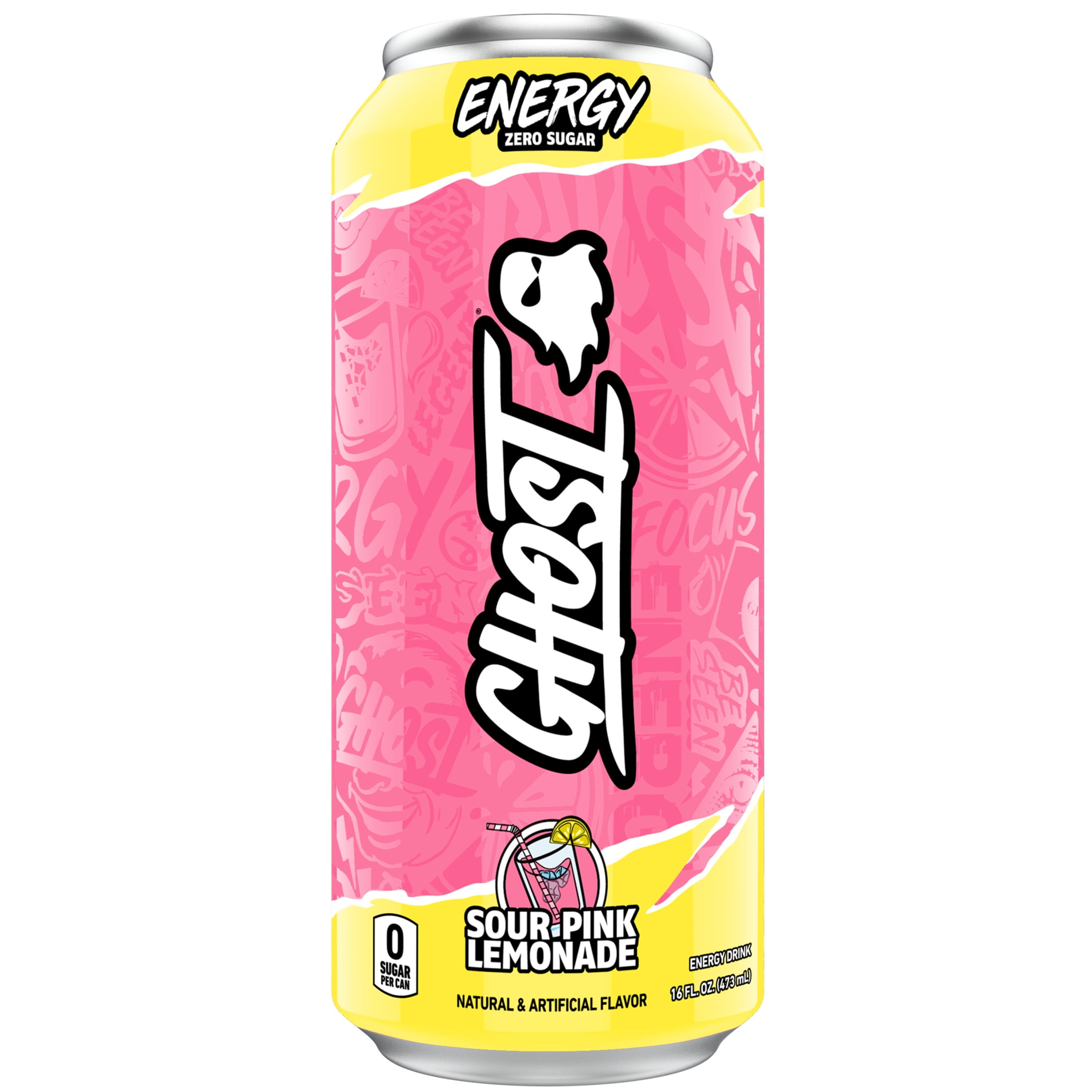 GHOST ENERGY Zero Sugars Energy Drink, Sour Pink Lemonade, 200mg Natural Caffeine, 16 fl oz Can